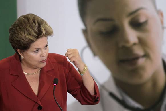 Brazil`s President Dilma Rousseff speaks at the launching of a health program that aims to improve public care and the education of Brazilian doctors, at the presidential palace in Brasilia, Brazil.