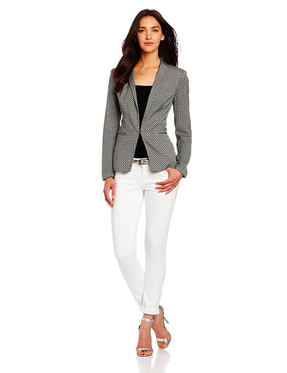 This publicity photo provided by amazon.com/fashion shows a model wearing a women`s long sleeve shawl collar blazer from DKNYC.