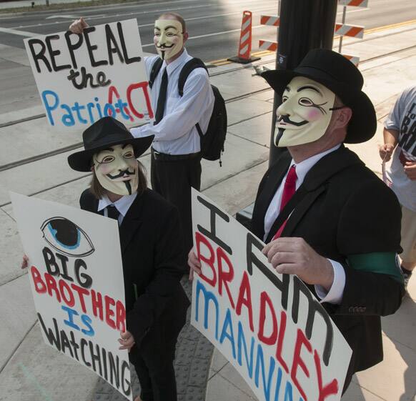 Members of Anonymous DFW gather at Klyde Warren Park to protest the National Security Agency`s surveillance program, during a