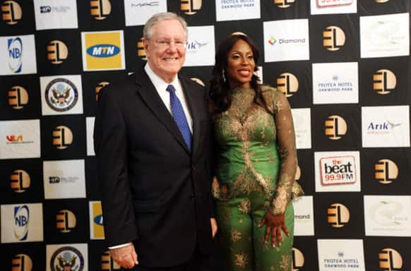 Steve Forbes, Editor-in-Chief of Forbes Media, left, and Mo Abudu, chief executive officer of EbonyLife TV pose for photographers during the launch of Africa’s first global black entertainment network in Lagos, Nigeria.