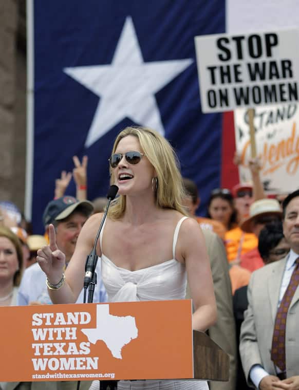 Actress Alexandra Cabot speaks during a rally supporting abortion rights outside the Texas Capitol, in Austin.