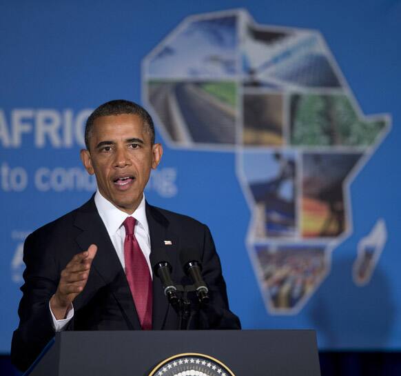President Barack Obama gestures while speaking at a business forum aimed at increasing investment in Africa.