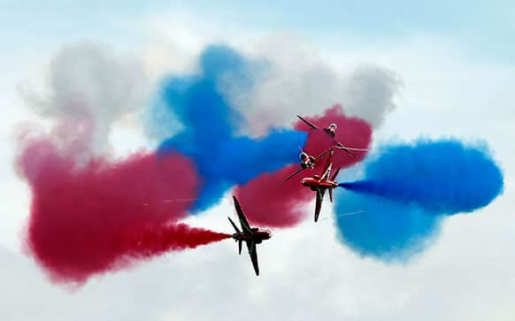 Royal Airforce Red Arrows perform prior to the British Formula 1 Grand Prix at Silverstone circuit, Silverstone, England.