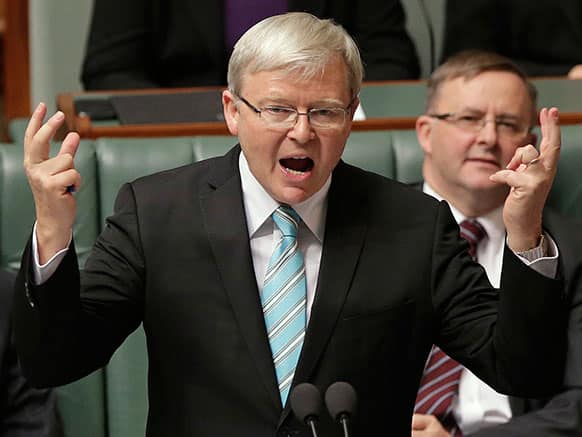 Australian Prime Minister Kevin Rudd speaks during question time at Parliament for what is likely to be its last day before elections, in Canberra, Australia.