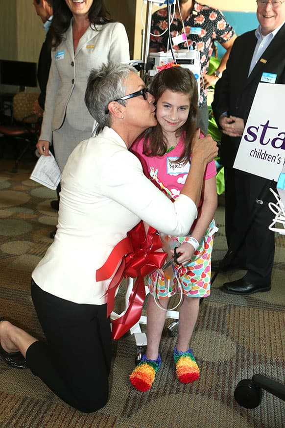 Jamie Lee Curtis visits with patients at Colgate-Palmolive donation of a Starlight Fun Center to the Children`s Hospital Los Angeles in honor of the 99 Cents Only stores in Los Angeles.