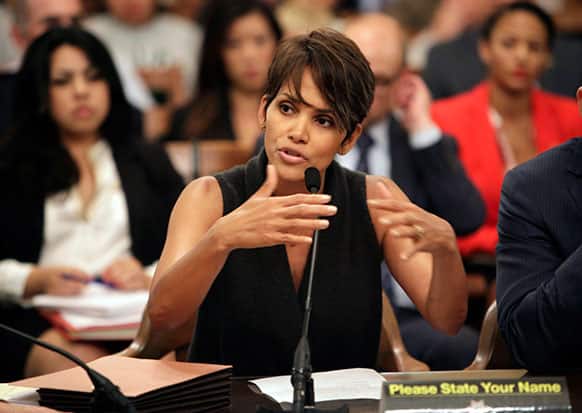 Actress Halle Berry testifies before the Assembly Committee on Public Safety at the Capitol in Sacramento, Calif.