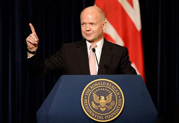 British Foreign Secretary William Hague speaks at the Ronald Reagan Presidential Library in Simi Valley, Calif.