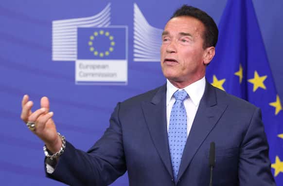 Former Governor of California and founding chair of the R20 initiative Arnold Schwarzenegger addresses the media, at the European Commission headquarters in Brussels.