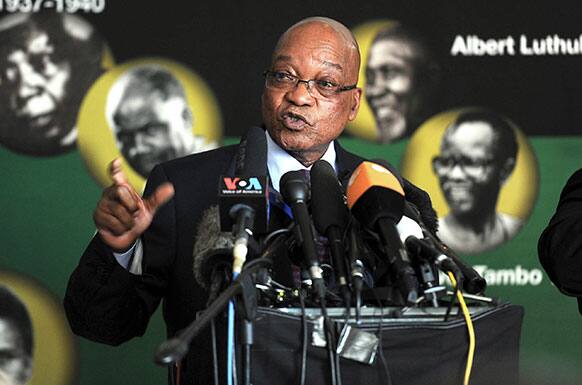 South African president Jacob Zuma, addresses journalists in Johannesburg. Zuma said that Nelson Mandela’s condition in a Pretoria hospital remained critical for a second straight day and described the stricken anti-apartheid hero as being “asleep” when he visited Mandela the previous evening.