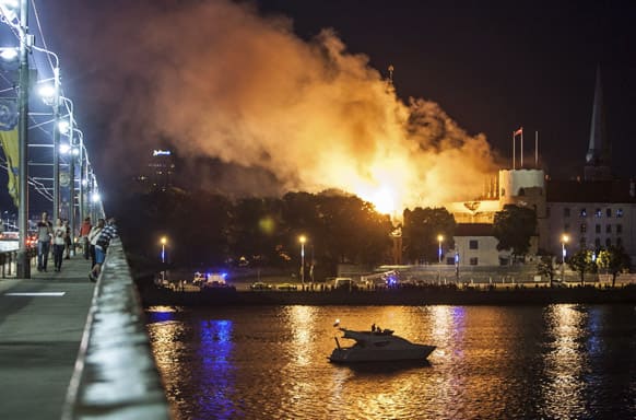 Fire blaze is seen on the roof of Latvia`s medieval Riga Castle, a museum and presidential residence. The Baltic News Service is reporting that a fire has partially damaged the Riga Castle, a medieval fortress that houses the National History Museum of Latvia.