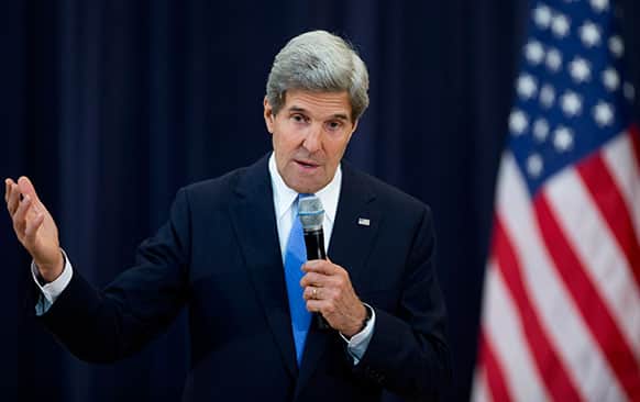 Secretary of State John Kerry speaks during a Gays and Lesbian in Foreign Affairs Agencies Pride event at the State Department in Washington.