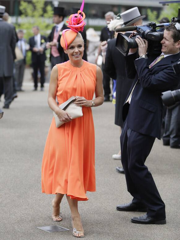 Singer Katherine Jenkins arrives and poses for the media on the first day of the Royal Ascot horse race meeting in Ascot, England.