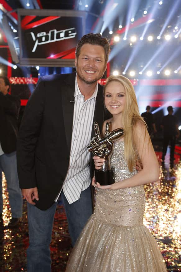 This image provided by NBC Blake Shelton and Danielle Bradbery pose after she won season-four of