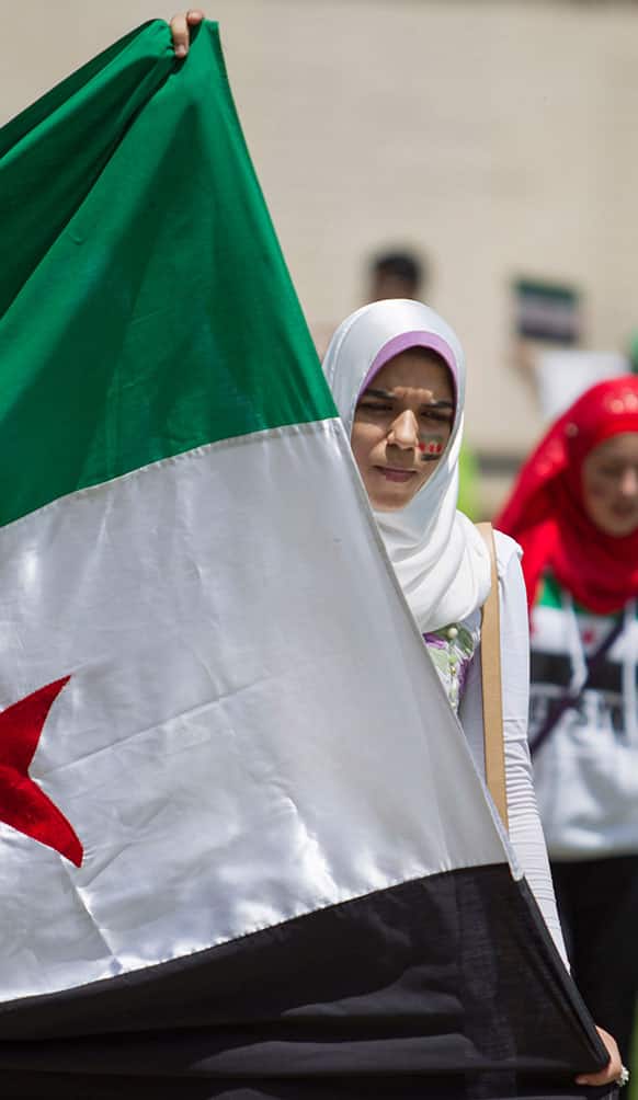 A woman taking part in a demonstrations against Syrian President Bashar Assad holds up a Syrian flag near the Millennium Monument in Chicago.