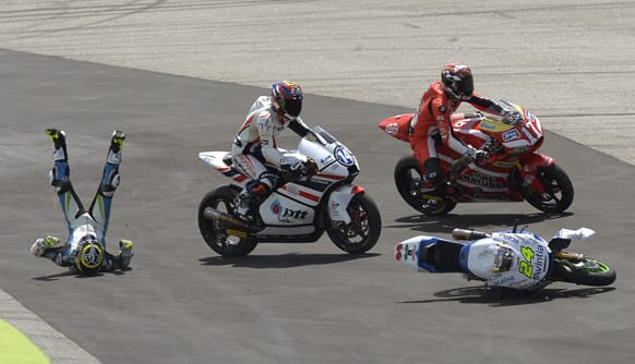 Moto2 rider Tony Elias from Spain crashes during the Motorcycling Grand Prix race at the Montmelo racetrack near Barcelona, Spain.