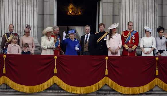 Britain`s Queen Elizabeth II surrounded by members of her family, on the balcony of Buckingham Palace, during the Trooping The Colour parade, in London. Queen Elizabeth II celebrated her birthday with traditional pomp and circumstance but without her husband by her side.