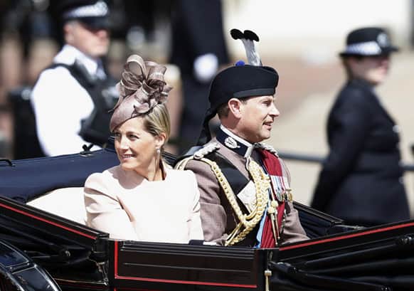 Britain`s Sophie, Countess of Wessex and Prince Edward, leave Buckingham Palace in a horse drawn carriage for the Trooping The Colour parade, at the Horse Guards Parade in London.