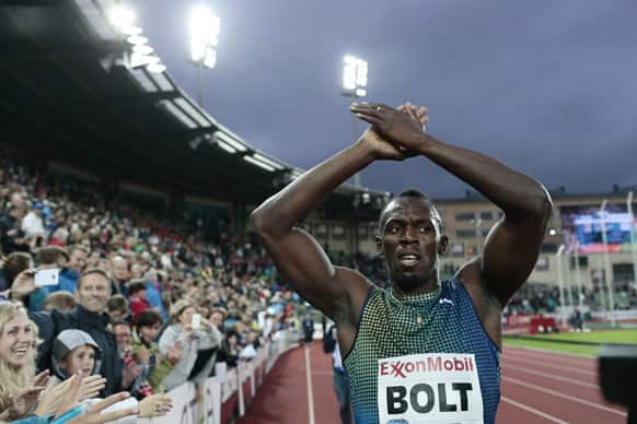 Usain Bolt of Jamaica celebrates after winning the men’s 200 metres during the Diamond League athletics competition at the Bislett Stadium in Oslo.
