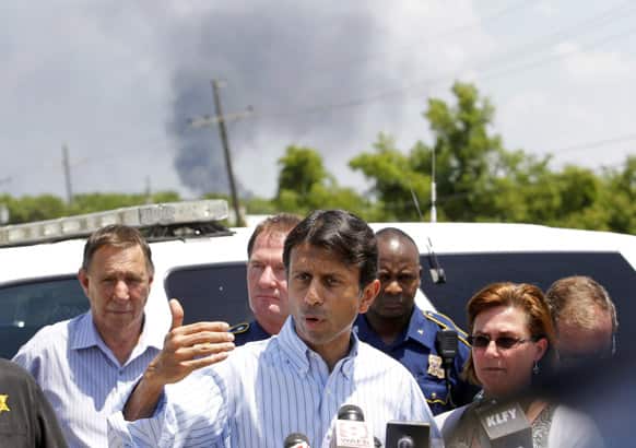 Louisiana Governor Bobby Jindal speaks to the media in Geismar, La., after an explosion at The Williams Companies Inc. plant in Geismar.