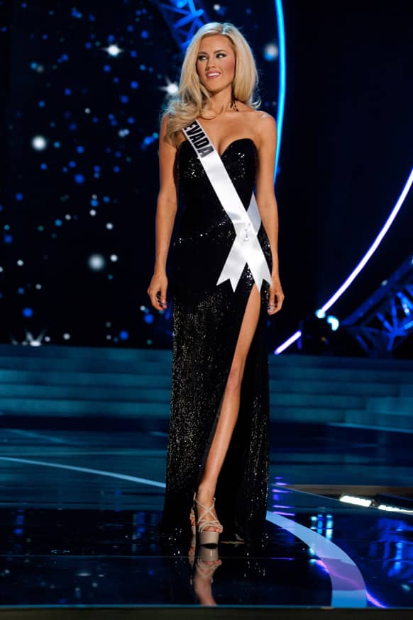 Miss Nevada USA 2013, Chelsea Caswell competes in her evening gown during the 2013 Miss USA Competition Preliminary Show in Las Vegas.