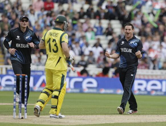 New Zealand`s Nathan McCullum celebrates after taking the wicket of Matthew Wade during their group stage ICC Trophy cricket match at Edgbaston, Birmingham, England.