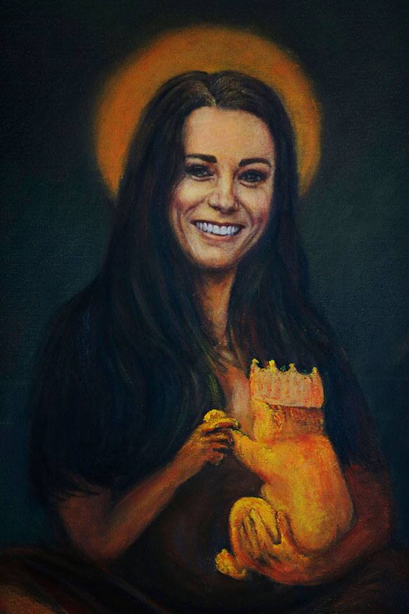 A painting by political painter Kaya Mar, depicting Britain`s Duchess of Cambridge with a halo holding her baby, is seen in London.