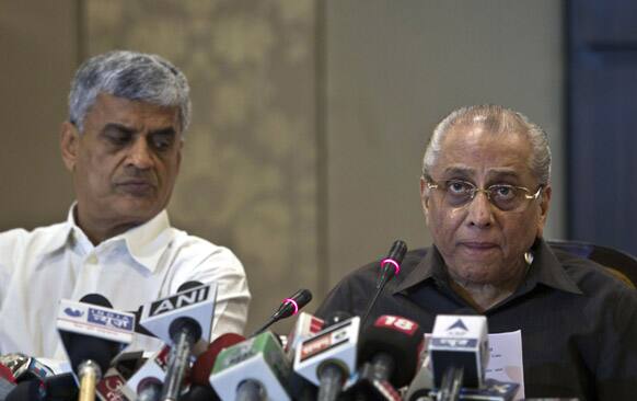 Board of Control for Cricket in India (BCCI) interim president, Jagmohan Dalmiya, right, speaks as secretary Sanjay Patel, watches during a press conference in New Delhi.