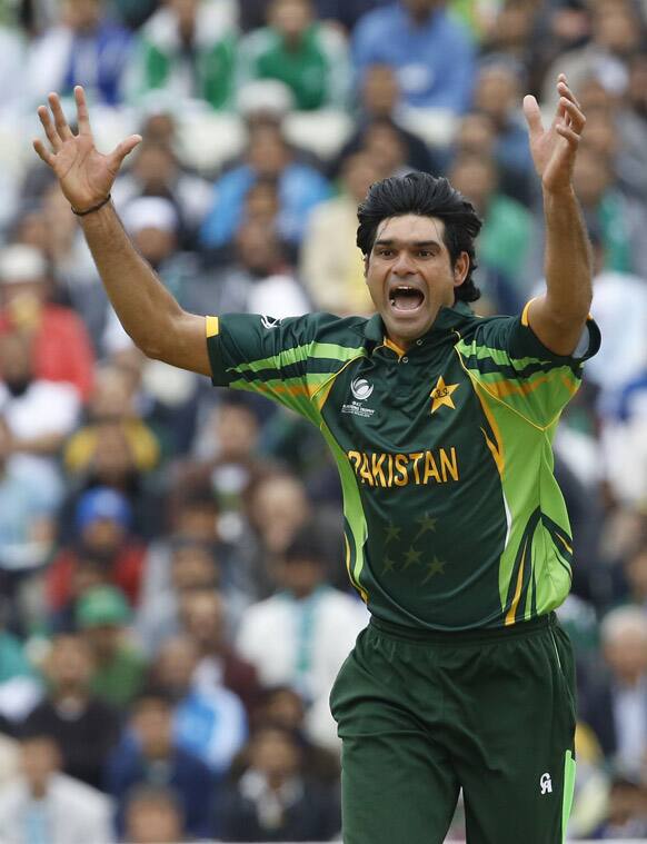 Pakistan`s Mohammad Irfan appeals after he bowls during an ICC Champions Trophy cricket match between Pakistan and South Africa at Edgbaston in Birmingham.
