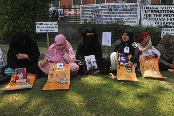 Relatives of missing Kashmiri youths participate in a sit-in protest organized by the Association of Parents of Disappeared Persons (APDP) in Srinagar.