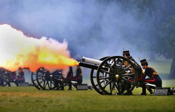 The King`s Troop Royal Horse Artillery fire a 41 round Royal Salute in Green Park in central London, to mark Britain`s Prince Philip 92nd birthday.