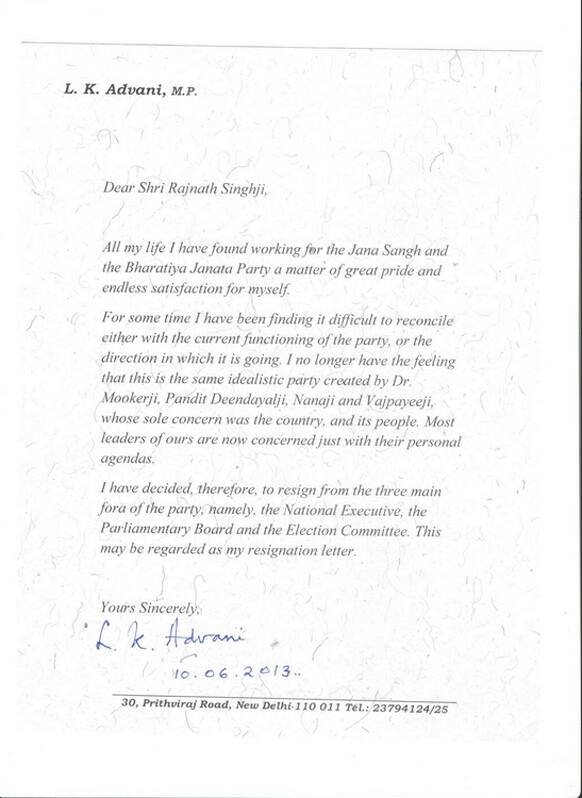 LK Advani on Monday submitted his resignation to BJP President Rajnath Singh quiting from all party posts.