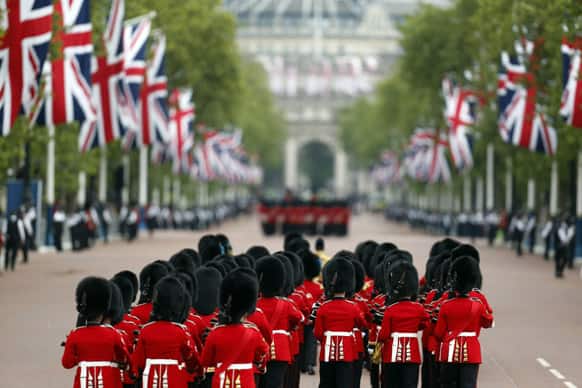 British forces` Foot Guards proceed down the Mall during the Colonel`s Review rehearsal in preparation for Trooping The Colour ceremony in central London.