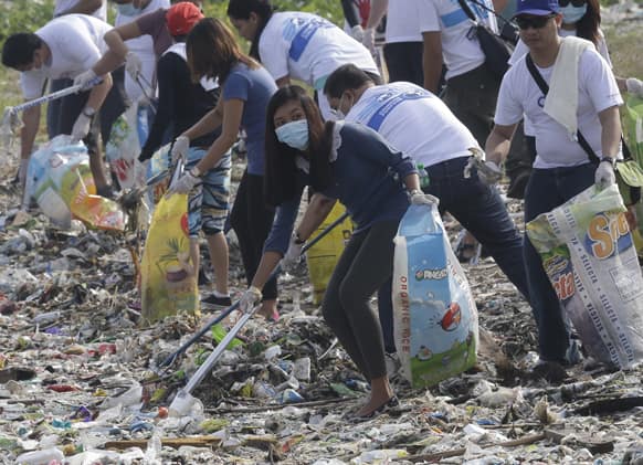 Volunteers and environmentalists remove dirt and garbage that were washed ashore at a bird sanctuary known as