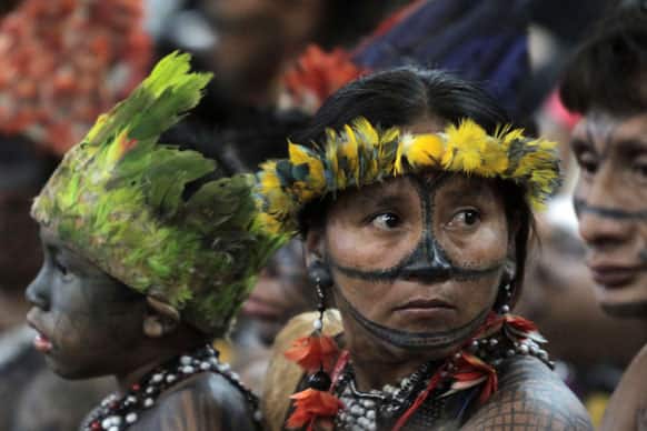 Indians from the tribe Munduruku attend a meeting with the government at the Planalto presidential palace in Brasilia, Brazil.