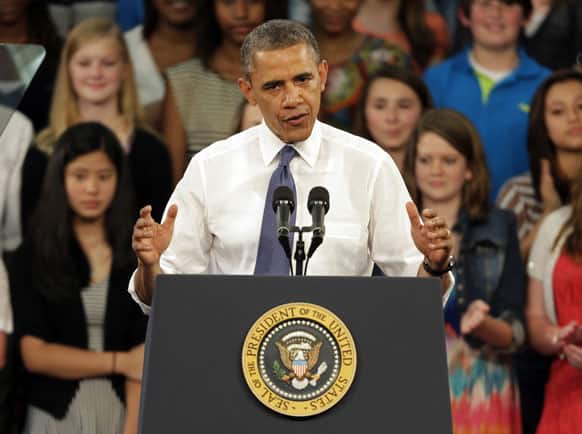 President Barack Obama speaks to students, teachers, and guests at Mooresville Middle School in Mooresville, N.C., during his “Middle Class Jobs & Opportunity Tour”.