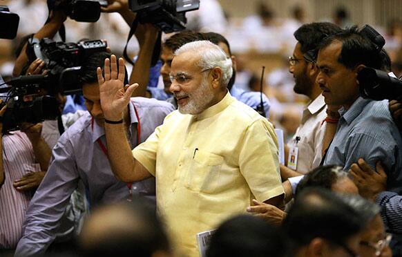 Chief Minister of the western Indian state of Gujarat, Narendra Modi, center, arrives to attend a conference of the chief ministers of various Indian states on Internal Security in New Delhi.