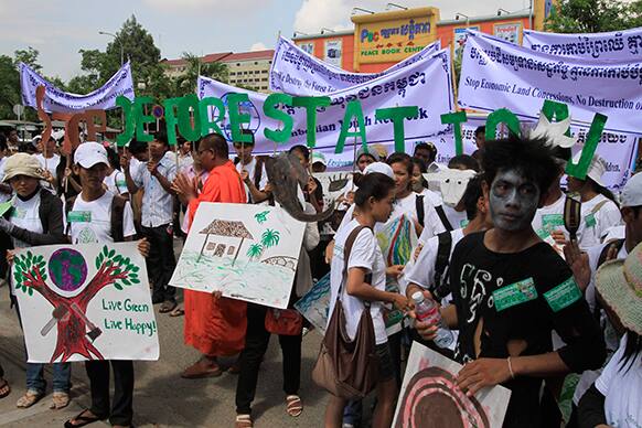 Cambodian environmental activists hold a rally to mark World Environment Day in front of National Assembly in Phnom Penh, Cambodia.