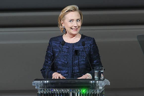 Former Secretary of State Hillary Rodham Clinton speaks on stage during the 2013 CFDA Fashion Awards at Alice Tully Hall in New York.