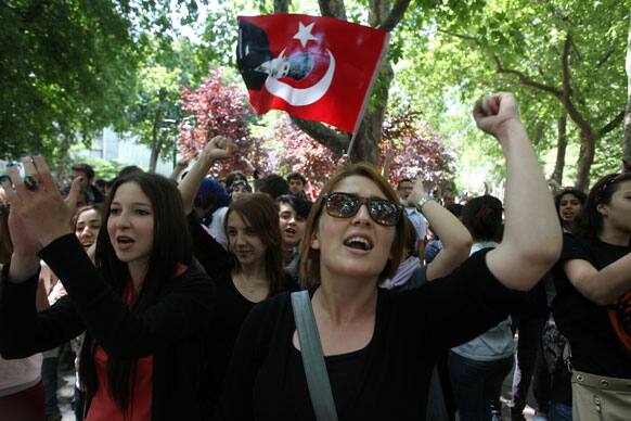 High school students chant slogans during a protest at Gezi park, Taksim square in Istanbul. The demonstrations that grew out of anger over excessive police force have spiraled into Turkey`s biggest anti-government demonstrations in years, challenging Prime Minister`s Recep Tayyip Erdogan power.