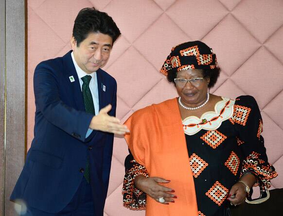 Japanese Prime Minister Shinzo Abe, ushers President of Malawi Joyce Banda in at the beginning of their bilateral talks during the Tokyo International Conference on African Development (TICAD) in Yokohama, near Tokyo.