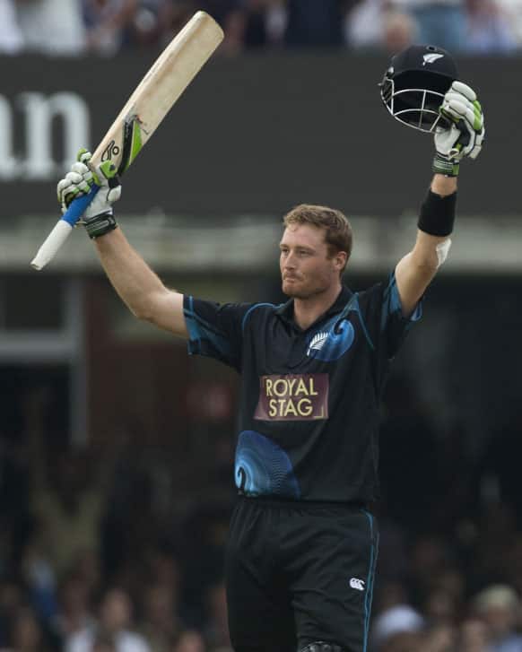 New Zealand`s Martin Guptill celebrates his century as well as scoring the winning runs of the match during the first one-day international cricket match between England and New Zealand at Lord`s cricket ground in London.
