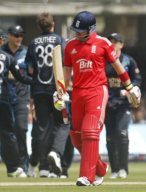 England`s Ian Bell walks from the field after being out caught Luke Ronchi off the bowling of Tim Southee during the first one-day international cricket match between England and New Zealand at Lord`s cricket ground in London.