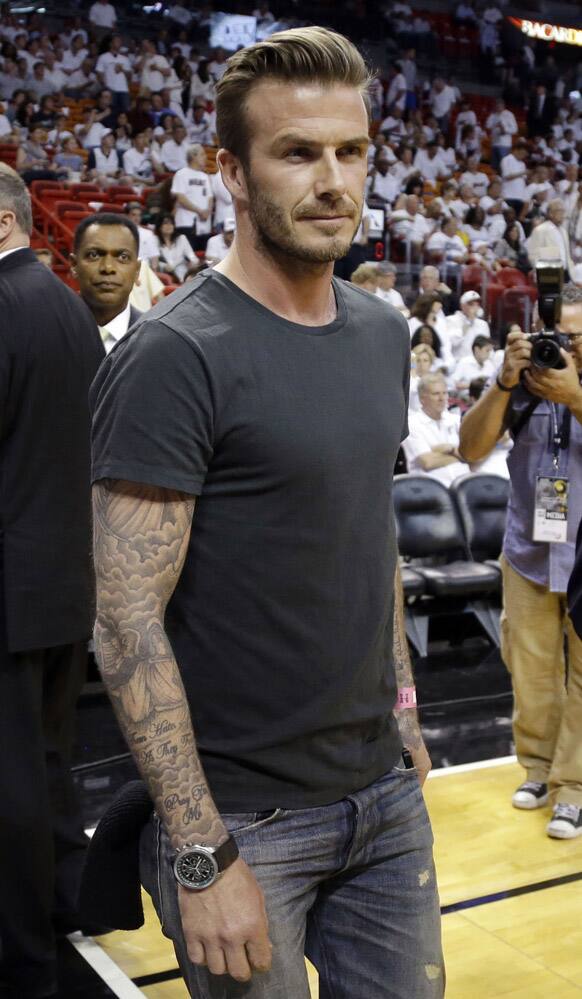 David Beckham arrives for Game 5 of the NBA basketball playofss Eastern Conference finals between the Indiana Pacers and the Miami Heat.