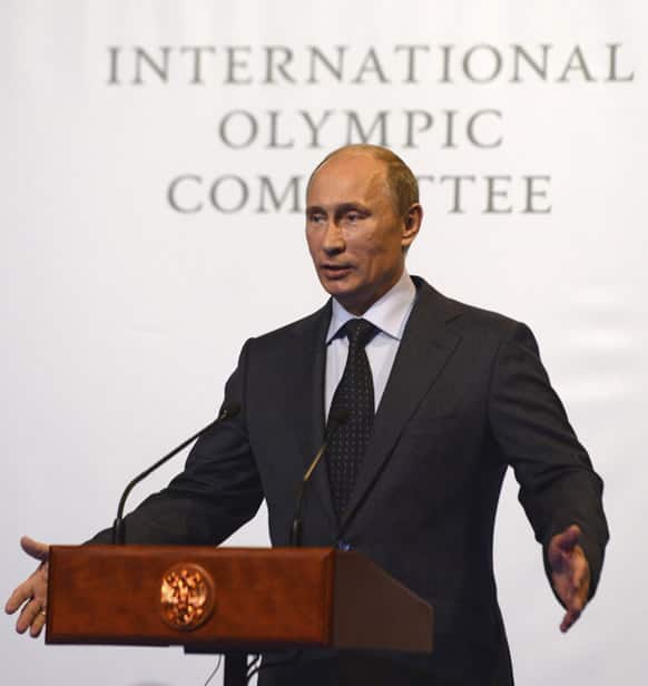 Russian President Vladimir Putin speaks at an International Olympic Commitee (IOC) executive board meeting at the SportAccord International Convention in St. Petersburg, Russia.