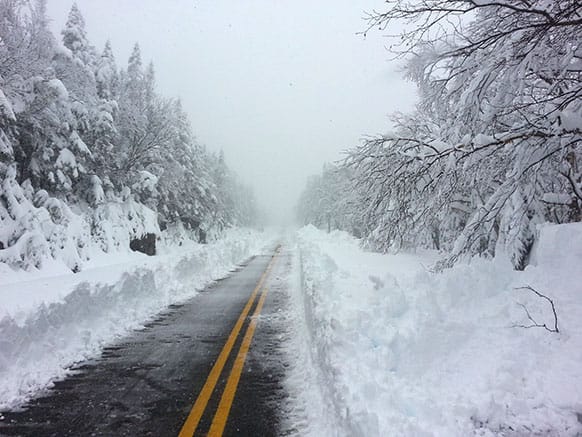 This photo provided courtesy of ORDA/Whiteface shows Whiteface Mountain Veterans` Memorial Highway after a heavy snowfall.