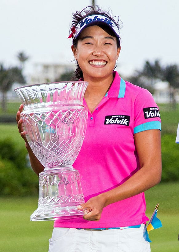 South Korea`s Ilhee Lee poses with the trophy after winning the Bahamas LPGA Classic golf tournament at the Ocean Club course in Paradise Island, Bahamas.