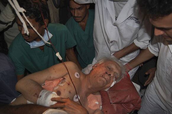 Former federal minister Vidya Charan Shukla, 83, who was injured in Saturday`s Maoist attack in a densely forested area, is brought to a hospital in Raipur, Chhattisgarh state.