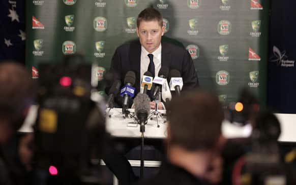 Australian cricket captain Michael Clarke speaks at a press conference at Sydney International Airport.