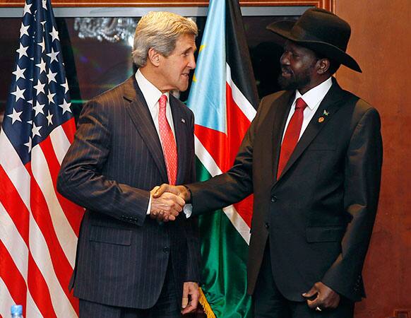 US Secretary of State John Kerry, left, shakes hands with South Sudan`s President Salva Kiir in Addis Ababa.