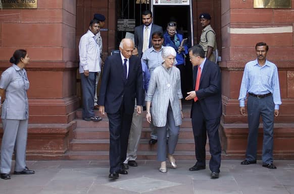 US Undersecretary of State for Political Affairs Wendy Sherman, walks out after meeting with Indian officials in New Delhi.